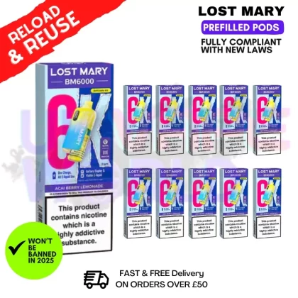 Acai Berry Lemonade Lost Mary BM6000 Replacement Pods BOX OF 10