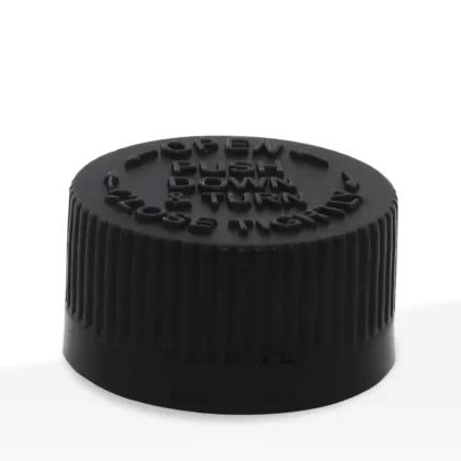 Child Resistant Plastic Caps | Push Down & Turn w/ Foam Liner | 22mm – Black – 144 Count