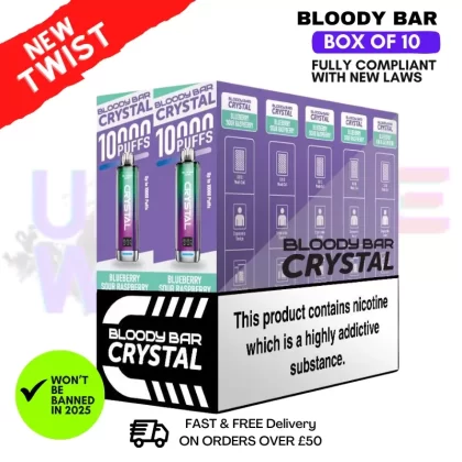 Blue Sour Raspberry Bloody Bar Crystal 10K Puff Box Of 10