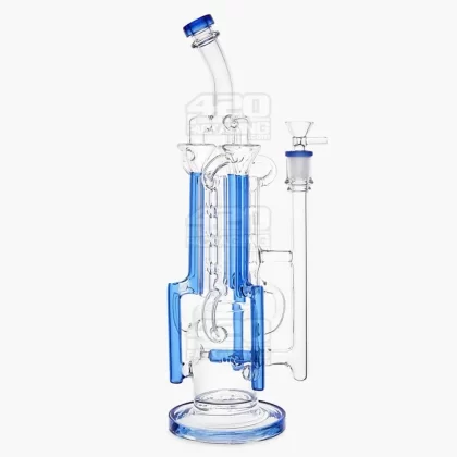 USA Glass | Bent Neck Inline Perc Six Recycler Pillar Tower Water Pipe w/ Thick Base | 14.5in Tall – 14mm Bowl – Blue