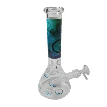 Waterpipe – Medium – Clear Glass with Blue Gucci Print – H25cm - Vapeys Co Nz