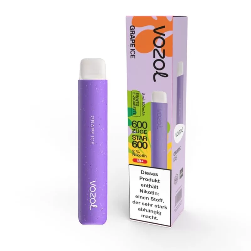 Vozol Star 600 – Grape Ice - Vozol / Propylenglykol / pflanzliches Glycerin / Aromastoffe / Nikotinsalz / 500 mAh / 20mg/ml / ca. 600