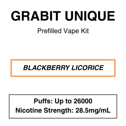 Grabit – Unique 26K – Prefilled Vape Kit – Blackberry Licorice – 26000 Puffs – 28.5mg/mL Nicotine