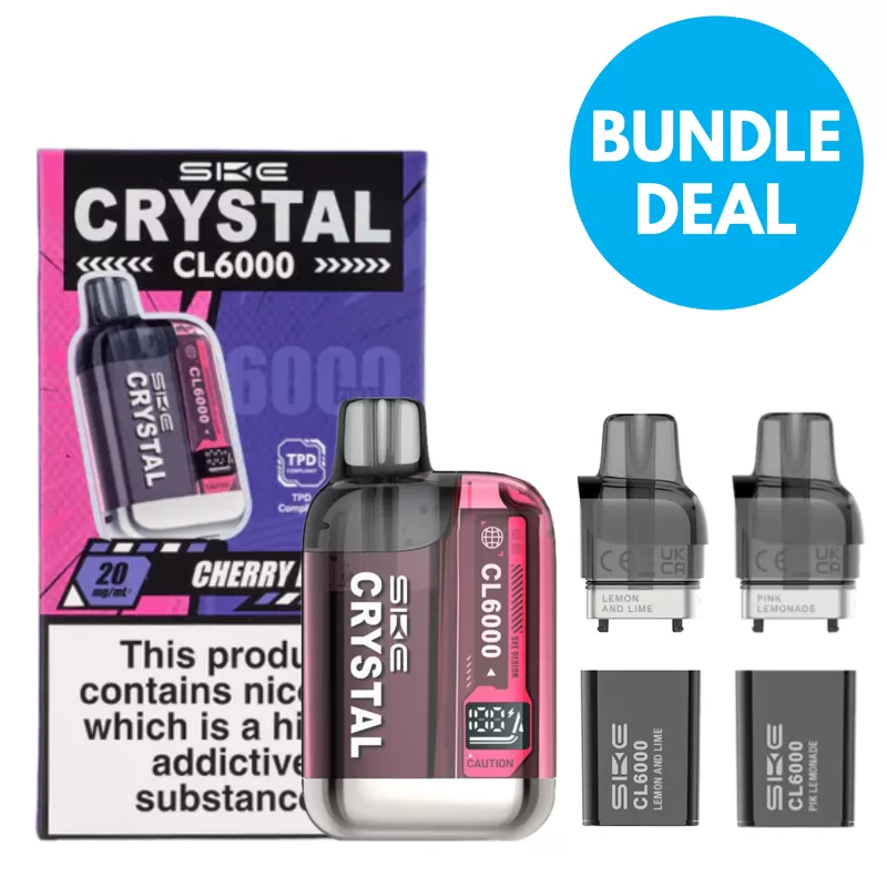 20mg SKE Crystal CL6000 Kit And Pods Bundle - Berry Medley / Blue Razz Lemonade / Blueberry Sour Raspberry / Blueberry Raspberries / Cherry Ice / Double Apple / Dragon Fruit Peach Melon / Fruit Gum /