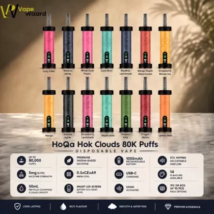 HoQa Hok Clouds 80K Puffs Disposable Vape - Blue Razz Lemon, Double Apple; Vape Product, Box of 10 Pcs