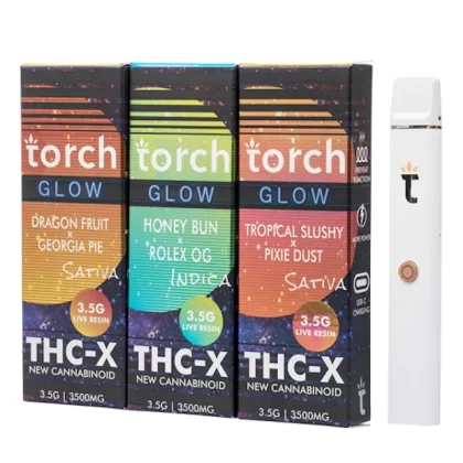 Torch Glow THC-X Vaporizer – 3500mg - Strain#Rainbow Gushers x Zkittlez>Hawaiian Snow x Maui Wowie>Tropical Slushy x Pixie Dust>Honey Bun x Rolex OG>Blueberry Pancakes x Cream>Gelatti x Bisc (F941E6)