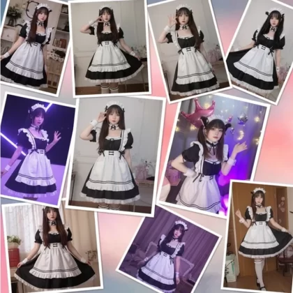 French Maid Lolita Cosplay Costume Set with Cat Ears Gloves and Socks