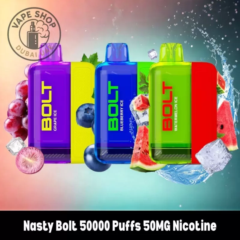 Nasty Bolt 50000 Puffs 50MG Nicotine Disposable Vape - Apple Ice, Berry Grape; Vape Product, BOX OF 10 PCS