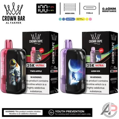 Al Fakher Crown Bar Ultra 25000 Puffs Disposable Vape Device - Blueberry Lemonade, GUM MINT (6E1D37)