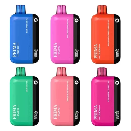 PRIMA UL9000 DISPOSABLE 9000 Puffs - Flavors#Strawberry Raspberry Cotton Candy>Strawberry Cherry>Mango Peach Watermelon>Miami Mint (6BEB66)
