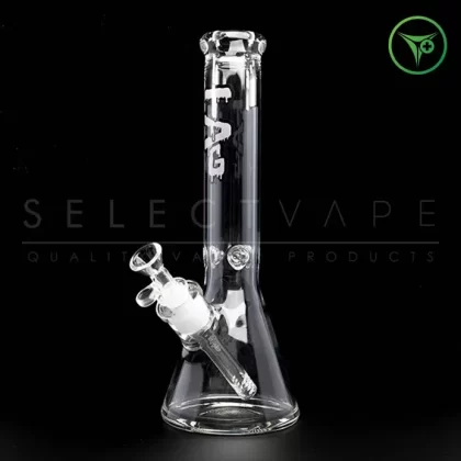 TAG – 12″ Beaker 44x4mm – 18/14mm Downstem (4.00″) – Wavy Purple Label – Clear .03
