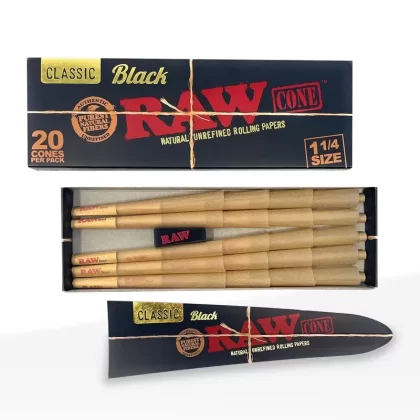 RAW® | Black 20-Pack Pre-Rolled Cones | 84mm – Brown – 12 Count