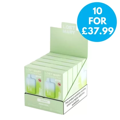 Box of 10 – 20mg Lost Mary BM600 Pod Vape - Apple Cider (Turbo) / Apple Pear / Apple Watermelon / Bamboo Aloe / Banana Break / Banana Volcano / Berry Apple Peach / Berry Combos / Blackberry Ice / Blac