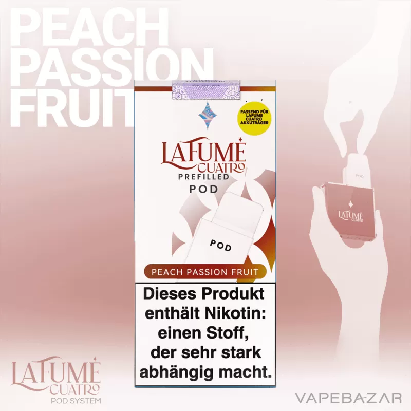 La Fume Cuatro – Peach Passion Fruit – Prefilled Liquid Pod – 2er Pack - Propylenglykol / Glycerin / Nikotin-Benzoat / 2-isopropyl-N,2,3 -trimethylbutyramide / La Fume / 20mg/ml - Image 2