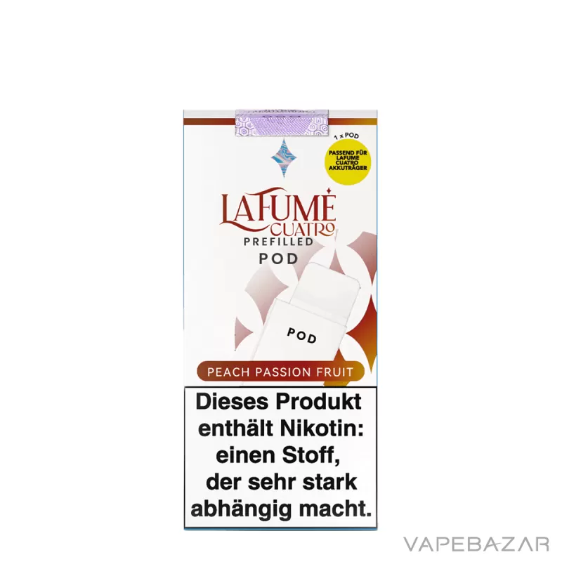 La Fume Cuatro – Peach Passion Fruit – Prefilled Liquid Pod – 2er Pack - Propylenglykol / Glycerin / Nikotin-Benzoat / 2-isopropyl-N,2,3 -trimethylbutyramide / La Fume / 20mg/ml - Image 3