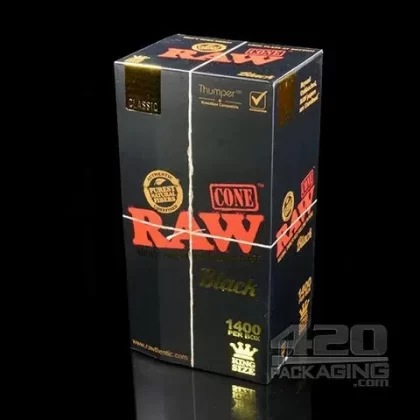 RAW | Black Classic King Size Pre-Rolled Cones | 109mm – Unbleached Paper – 1400 Count