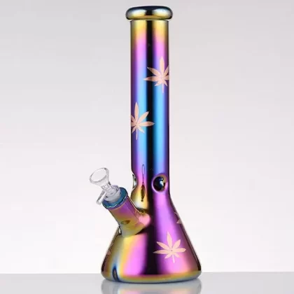 14″ Leaf 7mm Glass Bong – Rainbow Oil Slick - Eliquidsupply
