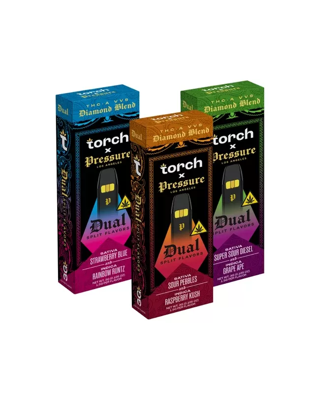 Torch x Pressure LA THC-A Diamond Blend Disposable | 3g - Size#3 Gram~Flavor#Super Sour Diesel (S) / Grape Ape (I)>Strawberry Blue (S) / Rainbow Runtz (I)>Sour Pebbles (S) / Raspberry Kush ( (A09F49)