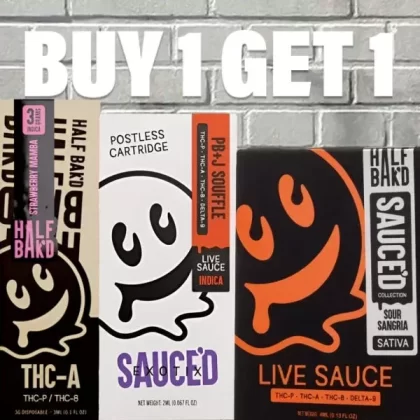 B1G1 Half Bak’d Cartridge & Disposable Bundle - strain#Angel Food (Sativa) CARTRIDGE>Peach Ringz (Indica) CARTRIDGE>PB + J Souffle (Indica) CARTRIDGE>L.A. Pop Rockz (Hybrid) CARTRIDGE>Honey