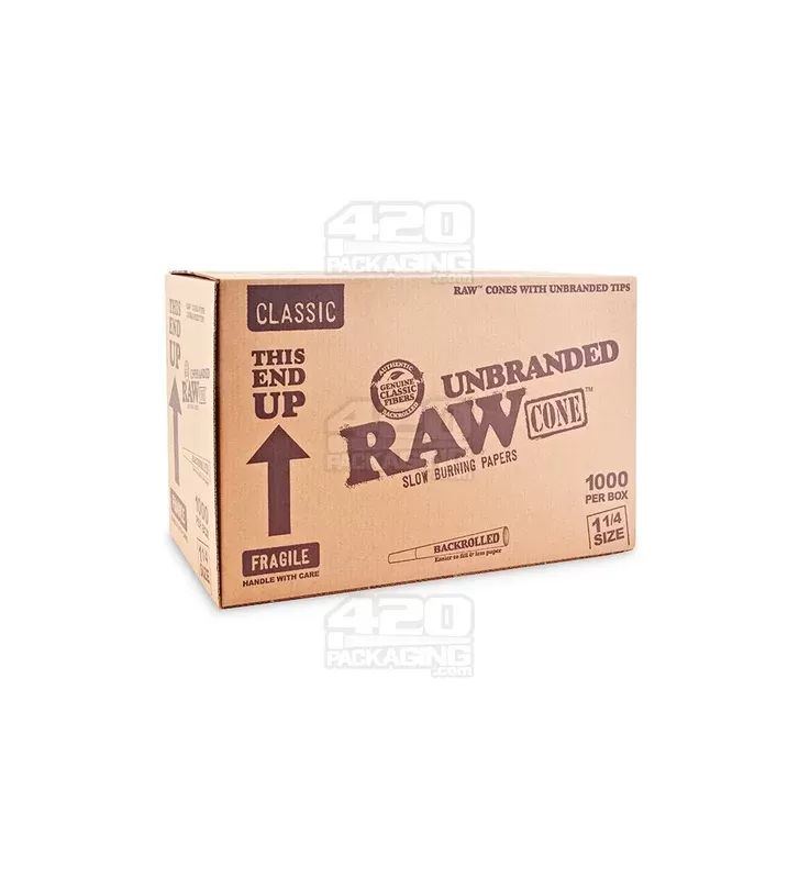 RAW | Classic 1 1/4 Size Pre-Rolled Unbranded Cones | 84mm – Unbleached Paper – 1000 Count