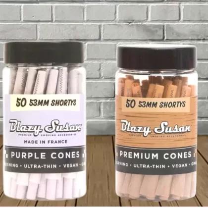 Blazy Susan 53mm Shortys Pre-Rolled Cones 50ct Jar - type#Unbleached Cones>Purple Cones