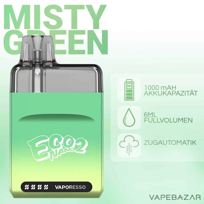 Vaporesso Eco Nano 2 – Misty Green - Pod Kit; 1000 mAh (B1FB37) - Image 2