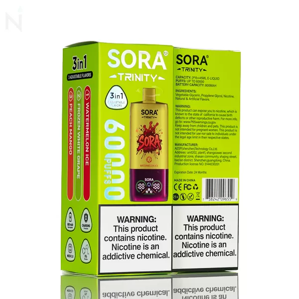 Sora Trinity 60K Disposable - Watermelon Ice / Frozen White Grape / Peach Mango - Image 3