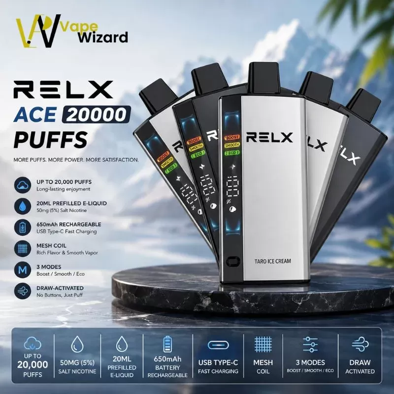RELX Ace 20000 Puffs Disposable Vape - Banana Ice, Dark Cherry; Vape Product, Box of 10 Pcs (838EF5)