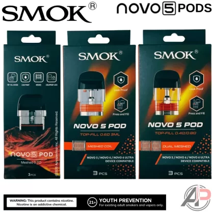 Smok Novo 5 Replacement Pods 3 Pack - Novo 5 Dual Mesh/Single Mesh 0.4ohm/0.8ohm 3mL - 3 Pack, Novo 5 Meshed 0.6ohm Replacement Pods 3mL - 3 Pack