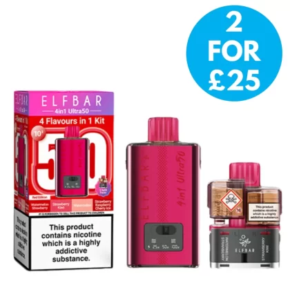 20mg Elf Bar 4 in 1 Ultra 50 Prefilled Pod Vape Kit - Vape Product; Berry Edition, Blueberry Edition