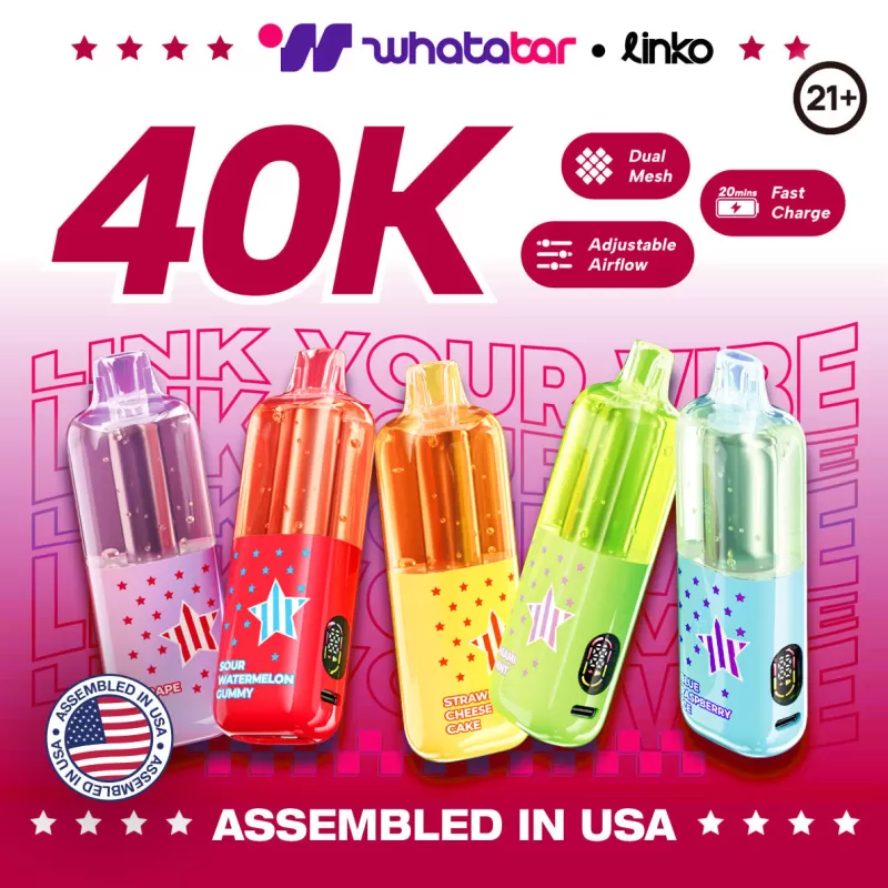 Assembled in USA | whatabar linko 40K Puffs Disposable Device - 40,000 Puffs - Strawberry Ice