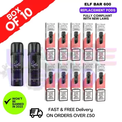 Elf Bar 600 Puff Strawberry Kiwi Replacement Pods Box of 10