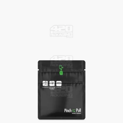 Child Resistant & Tamper Evident | Pinch N Pull Matte Black Vista PCR Mylar Bags | 3.6in x 4.5in – 1g – 250 Count