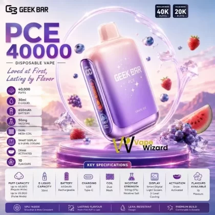 Geek Bar PCE 40000 Puffs Disposable Vape 50mg in the UAE - Blue Razz Ice, Grape Ice; Vape Product, Box of 10 Pcs