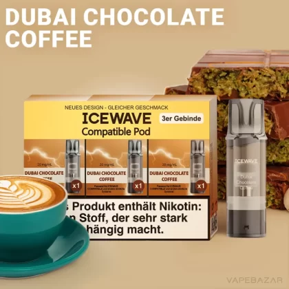 ICEWAVE Pod – Dubai Chocolate Coffee – 3er Pack - Schokolade / Pistazie / Kaffee / Propylenglykol / Aromastoffe / Glycerin / 20mg/ml / ICEWAVE