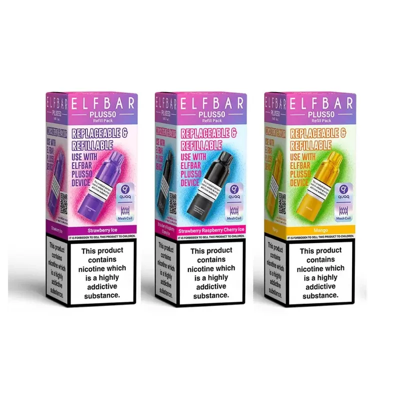 ELF BAR Plus 50 Refill Pack - Strength#20mg~Colour#Banana Ice>Blueberry>Blueberry Sour Raspberry>Blue Razz Lemonade>Cherry>Cola>Grape>Kiwi Passion Fruit Guava>Mango>Peach Ice>Pink Lemonade>S (644EEC)