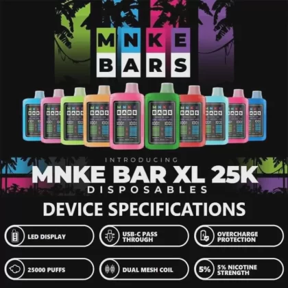 MNKE Bars XL 25K Puff Disposable Device – 25,000 Puffs - Blue Kiwi Ice