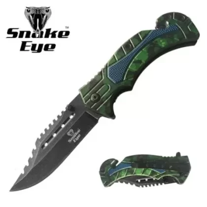 Snake Eye Tactical Spring Assisted Knife 4.75 Closed- Green Camo Blue Line
