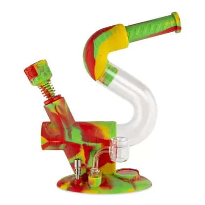 Ooze Swerve 4-in-1 Silicone Water Pipe n Nectar Collector – 11in - Color#Rasta>Purple>Chameleon>Aqua Teal (E4F947)
