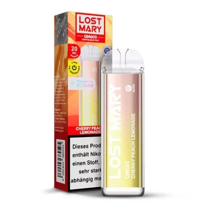 Elfbar Lost Mary QM600 – Cherry Peach Lemonade - Nikotin-Benzoat / Aromen / Propylenglykol / pflanzliches Glycerin / 20mg/ml / ca. 600 / 360 mAh