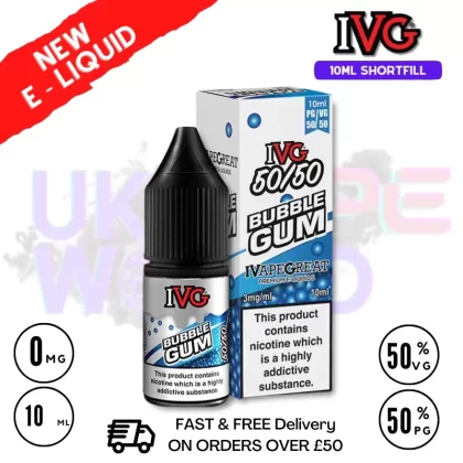 IVG 50/50 Bubblegum 10ml E Liquid – ONLY £1.99