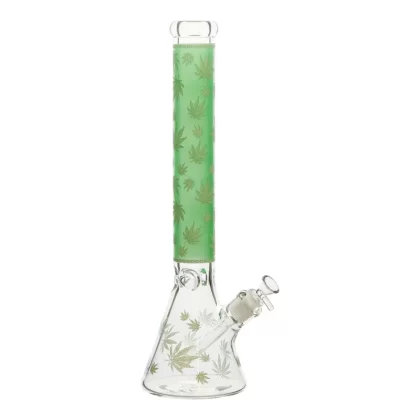 Collared Leaf Beaker Bong – 18in - Color#Red>Grey>Yellow>Black>Blue>Green
