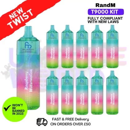 Raspberry Watermelon Randm T9000 Puffs Box Of 10