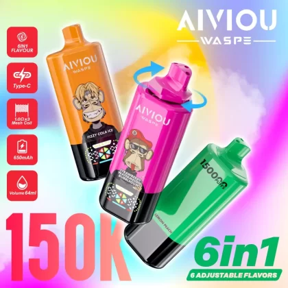 WASPE Aiviou 6 in 1 1500000 – 150K Puffs 64ml 650mAh Disposable Vape - 150000 puffs; Vape Product, Vape Product; Watermelon Ice & Lemon Lime & Lemon Peach, Blueberry Ice & Strawberry Kiwi &