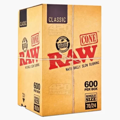 RAW | Classic Single Size Pre-Rolled Cones | 70mm – Unbleached Paper – 600 Count