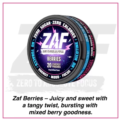 ZAF Caffeine Pouch – 20 pouches per pack – 75mg Caffeine per pouch - Berries, Blueberry; Berry, Citrus