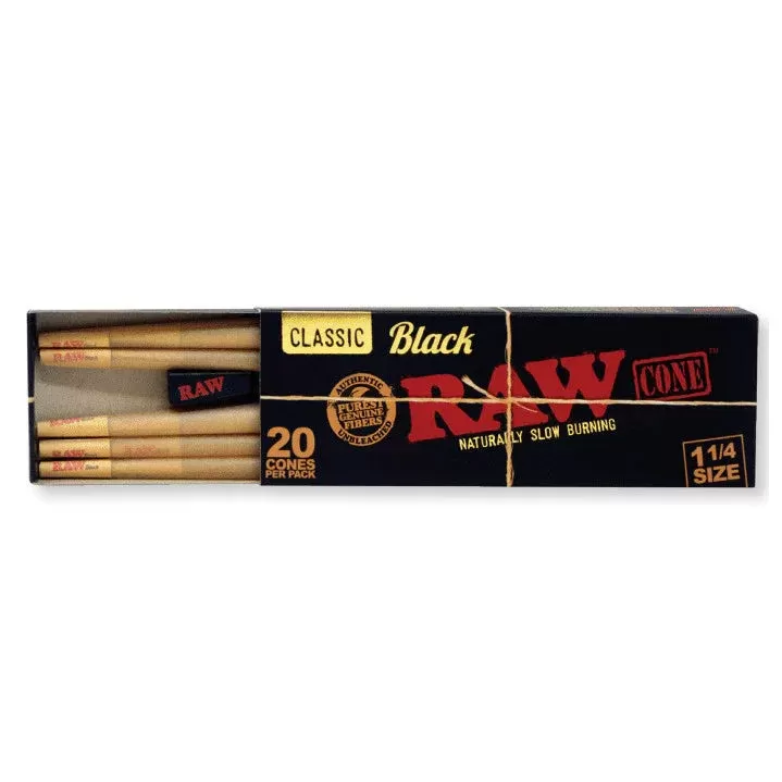 RAW- 20PK 1 1/4 BLACK CONES CLASSIC