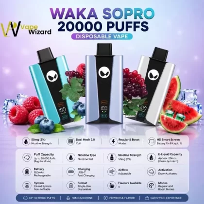 WAKA Sopro 20000 Puffs 50mg Disposable Vape - Blue Razz Blackberry, Blueberry Cranberry Cherry (AD38F8)