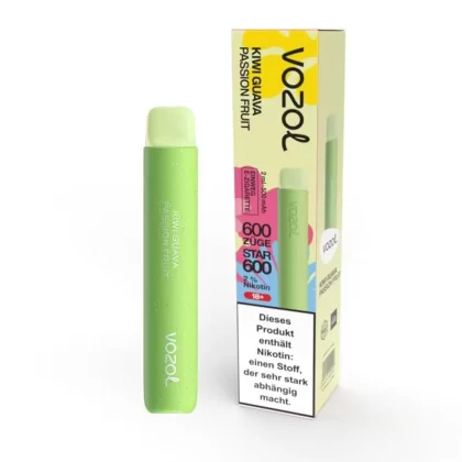 Vozol Star 600 – Kiwi Guava Passion Fruit - Vozol / Propylenglykol / pflanzliches Glycerin / Aromastoffe / Nikotinsalz / 500 mAh / 20mg/ml / ca. 600