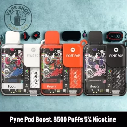 Pyne Pod Boost 8500 Puffs 5% Nicotine Rechargeable Vape - Vape Product, BOX OF 5 PCS; Blue Razz Ice, Blueberry Cotton Candy